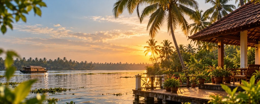 Sunset over Kerala backwaters at ashatheeram