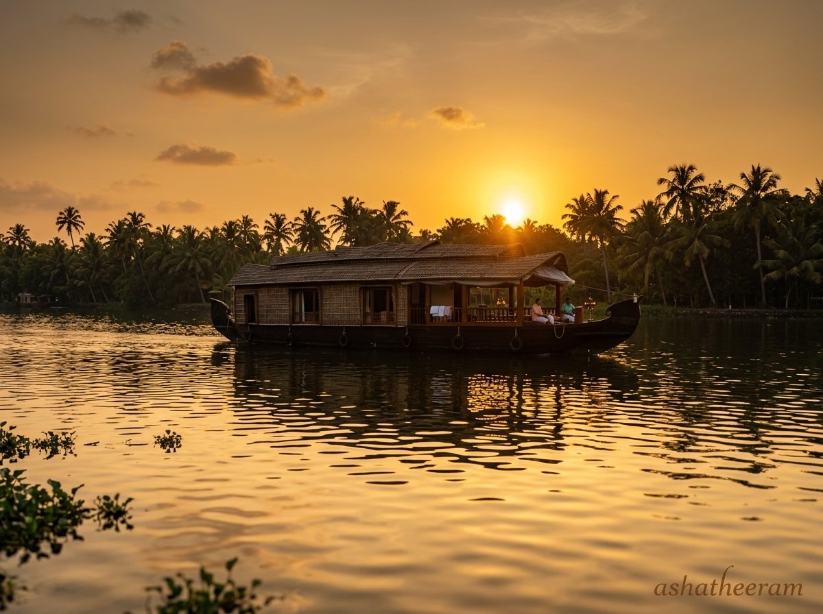 Traditional Kerala houseboat at sunset on backwaters