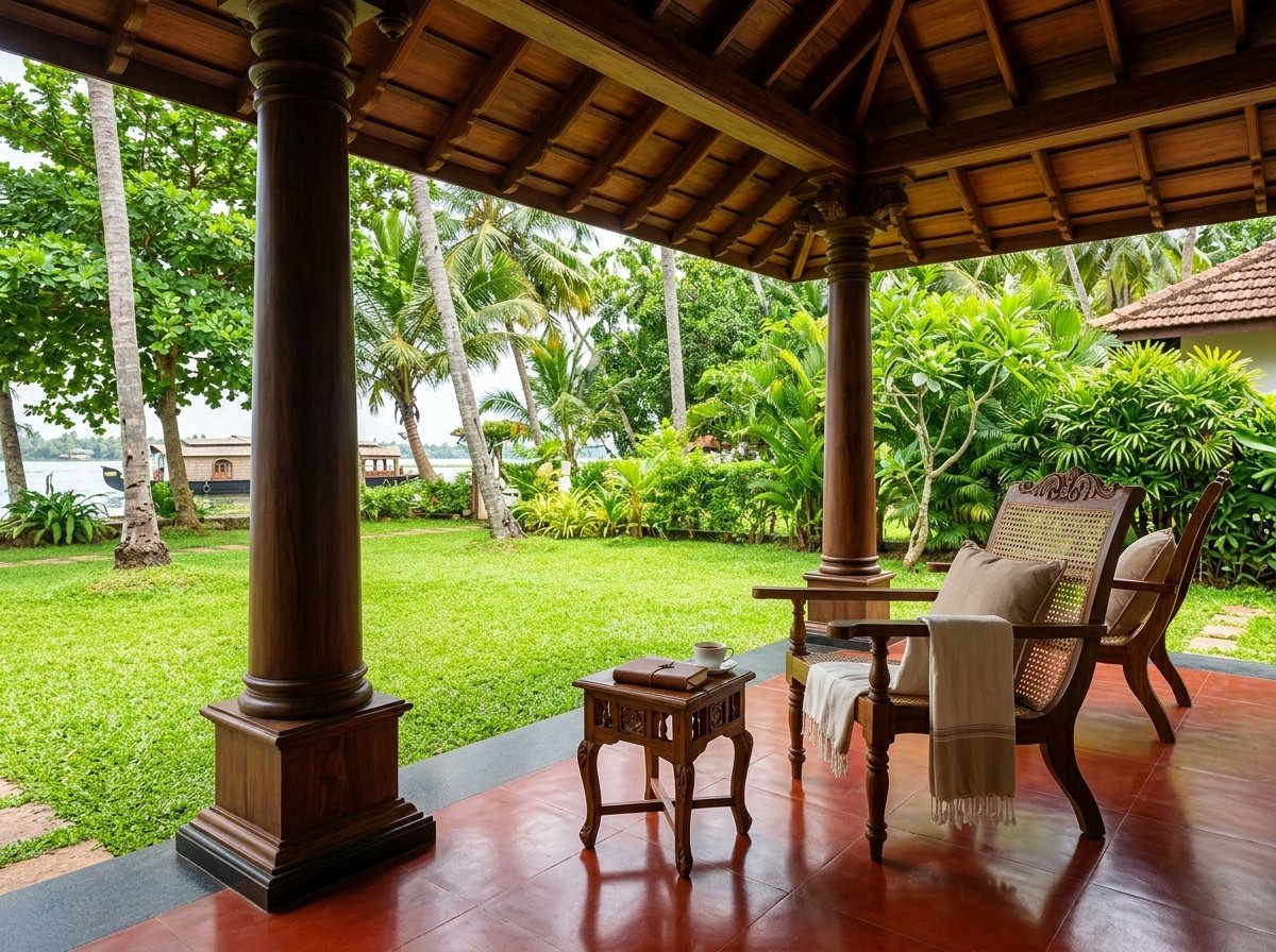 ashatheeram veranda with wooden planter chairs
