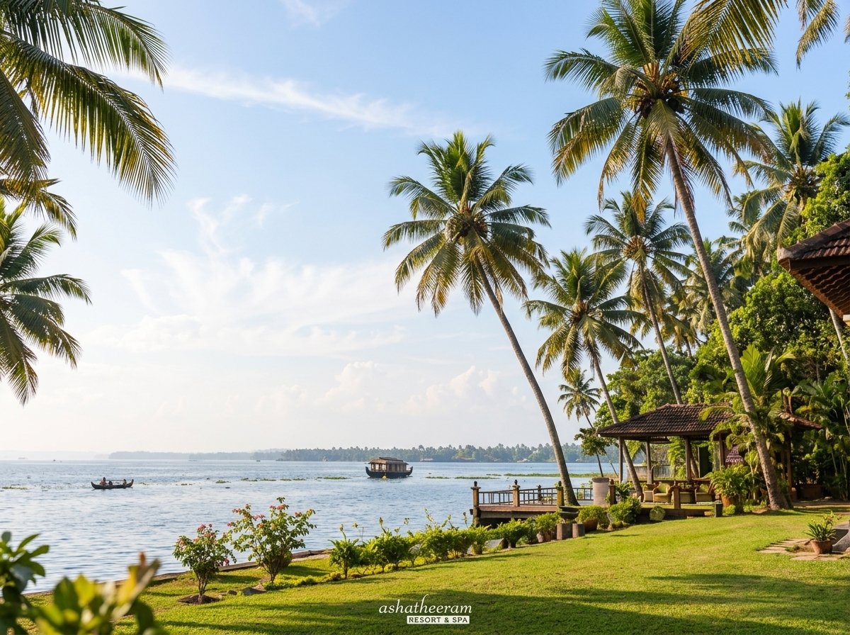 Lush green waterfront lawn facing calm Vembanad lake