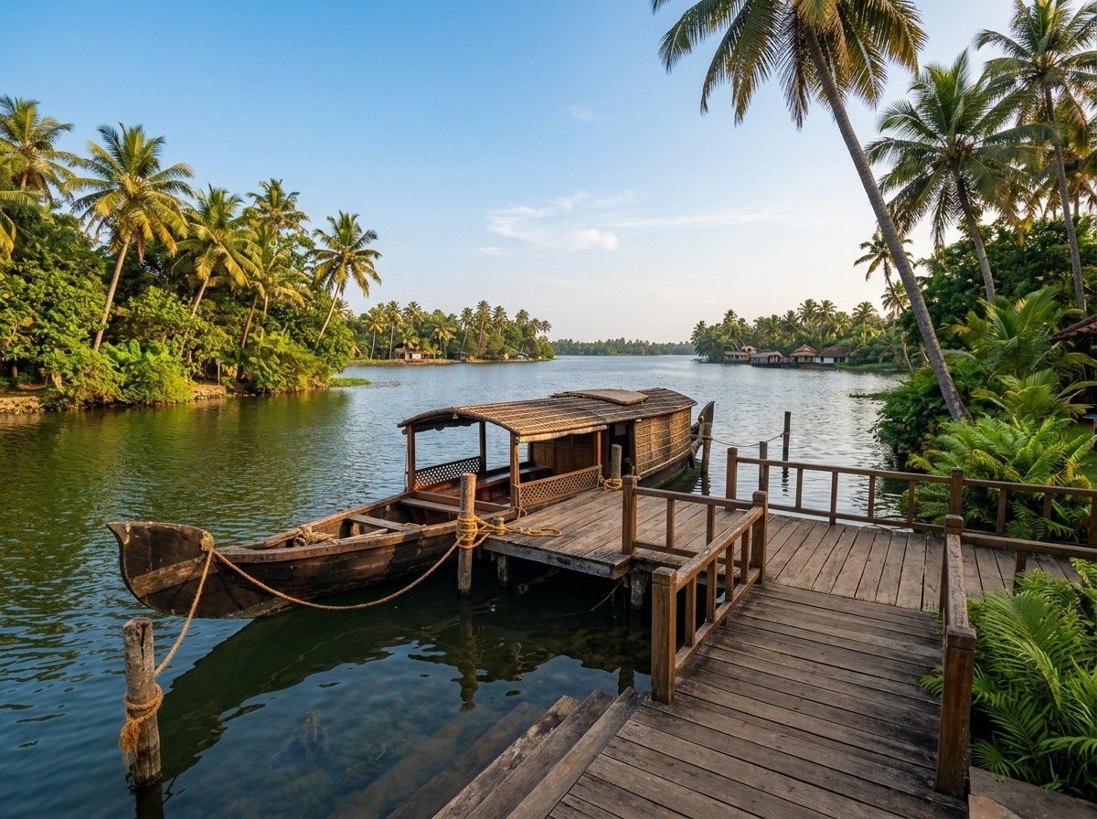 Wooden jetty and traditional boat at ashatheeram