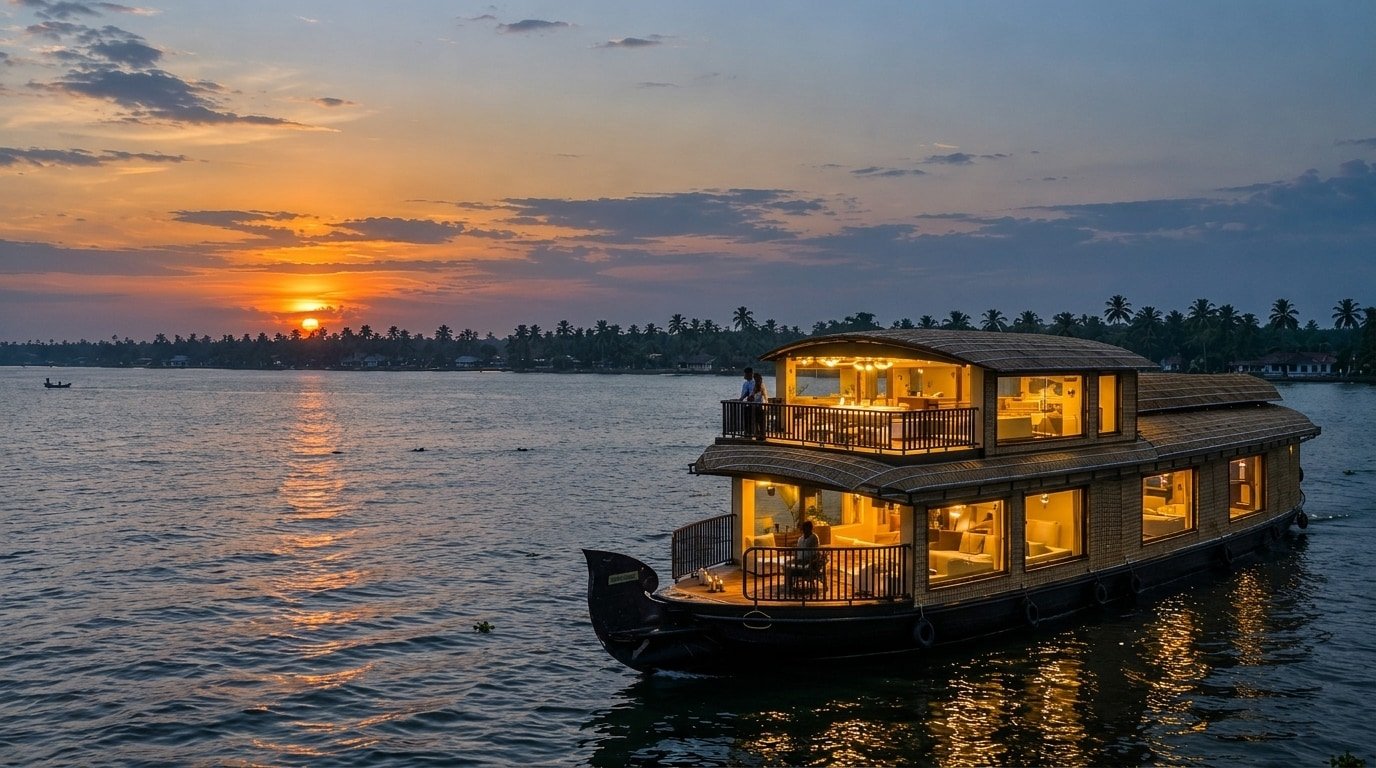 Traditional Kerala houseboat cruising through the scenic backwaters