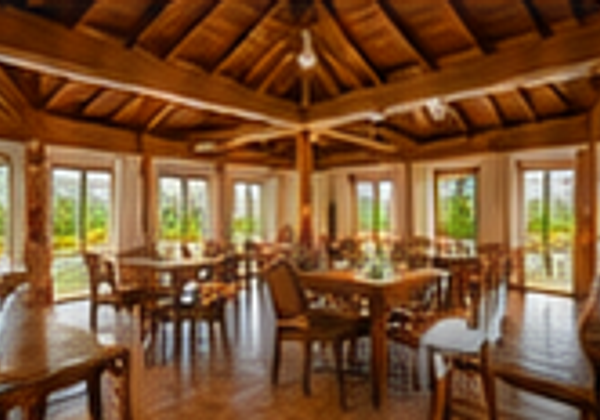 Open-air wooden dining pavilion overlooking lush backwaters