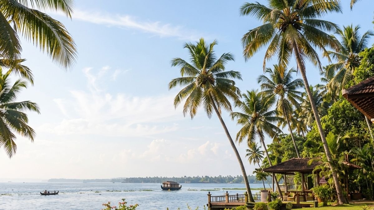 Houseboat gliding on Vembanad Lake near ashatheeram Kainakary