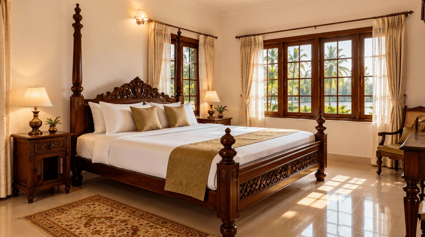 AshaTheeram Puthanangadi Suite Room carved wooden four-poster bed