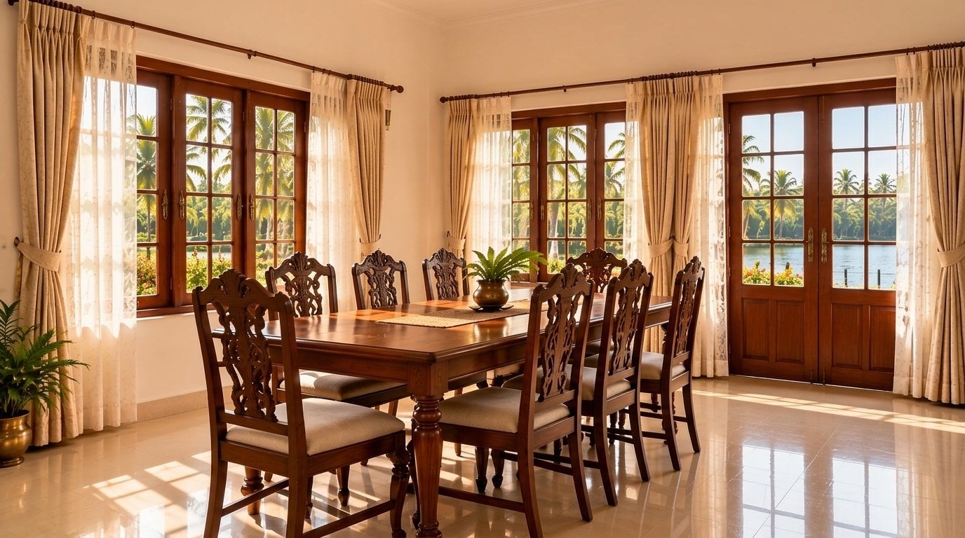 AshaTheeram Puthanangadi wooden dining table and chairs with large windows