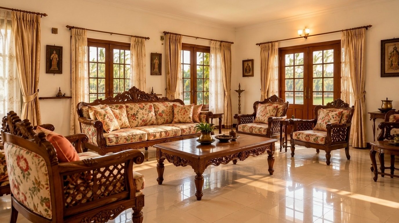 AshaTheeram Puthanangadi traditional wooden living room with carved furniture