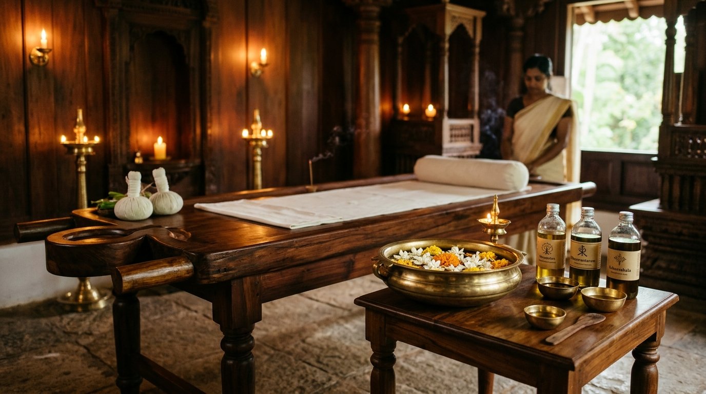 Traditional Ayurvedic wooden Droni massage table, brass uruli and herbal oils at AshaTheeram Puthanangadi