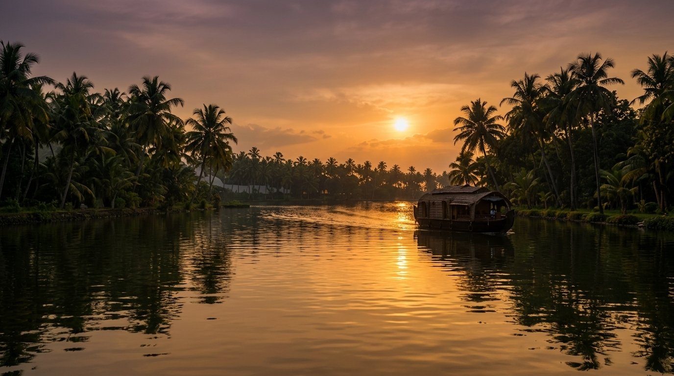 Golden sunset over calm Kerala backwaters at ashatheeram Puthanangadi