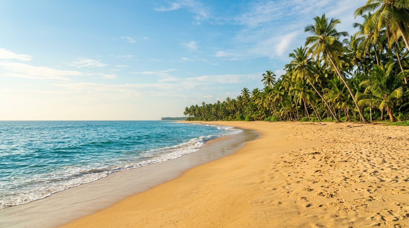Pristine golden sands and swaying coconut palms at Marari Beach in Alappuzha district