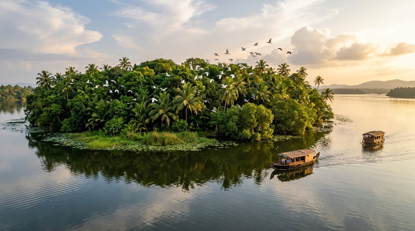 Lush green Pathiramanal Island bird sanctuary surrounded by the waters of Vembanad Lake